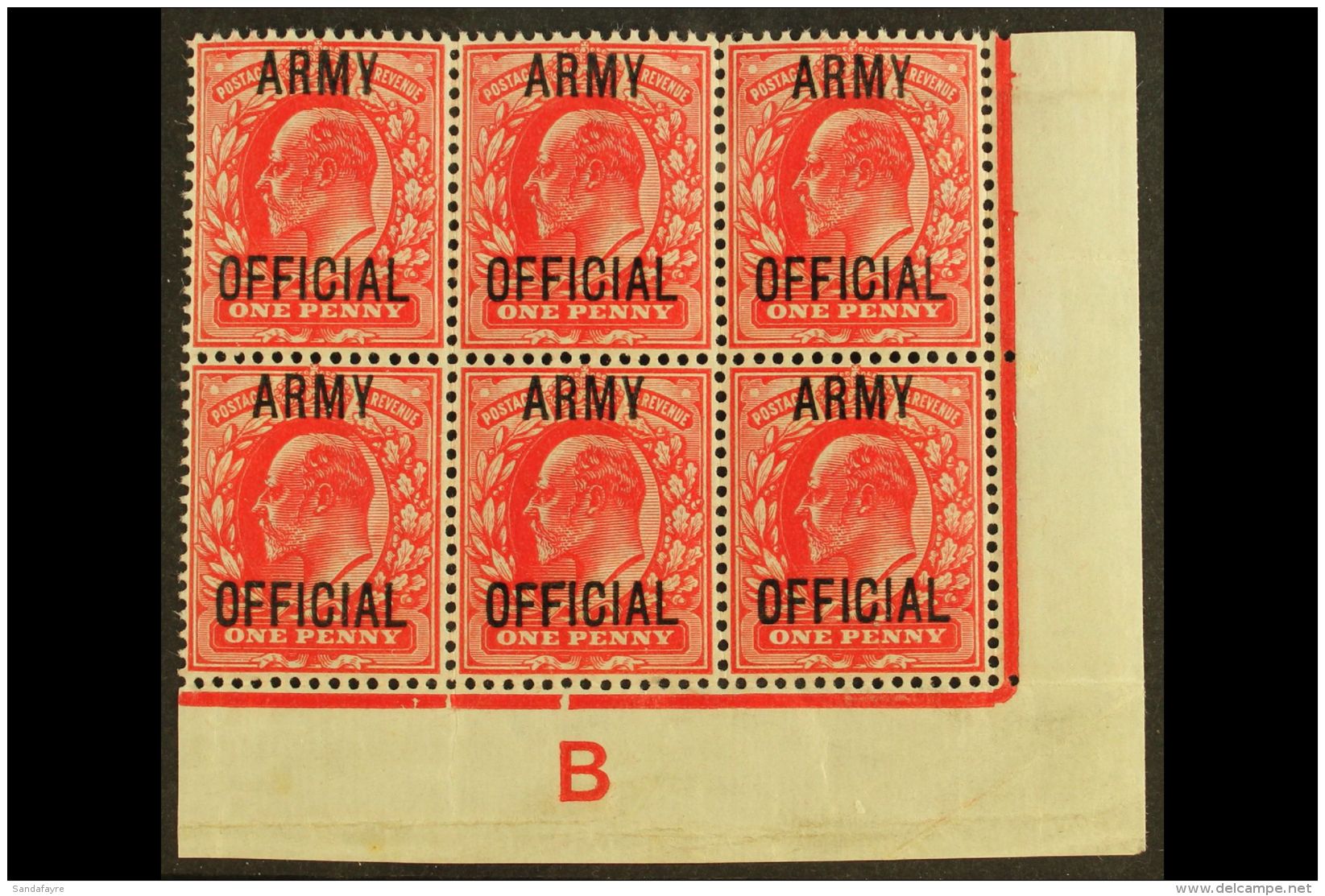 OFFICIALS ARMY 1902-03 1d Scarlet Overprint, SG O49, Never Hinged Lower Right Corner CONTROL 'B' BLOCK Of 6 With... - Unclassified