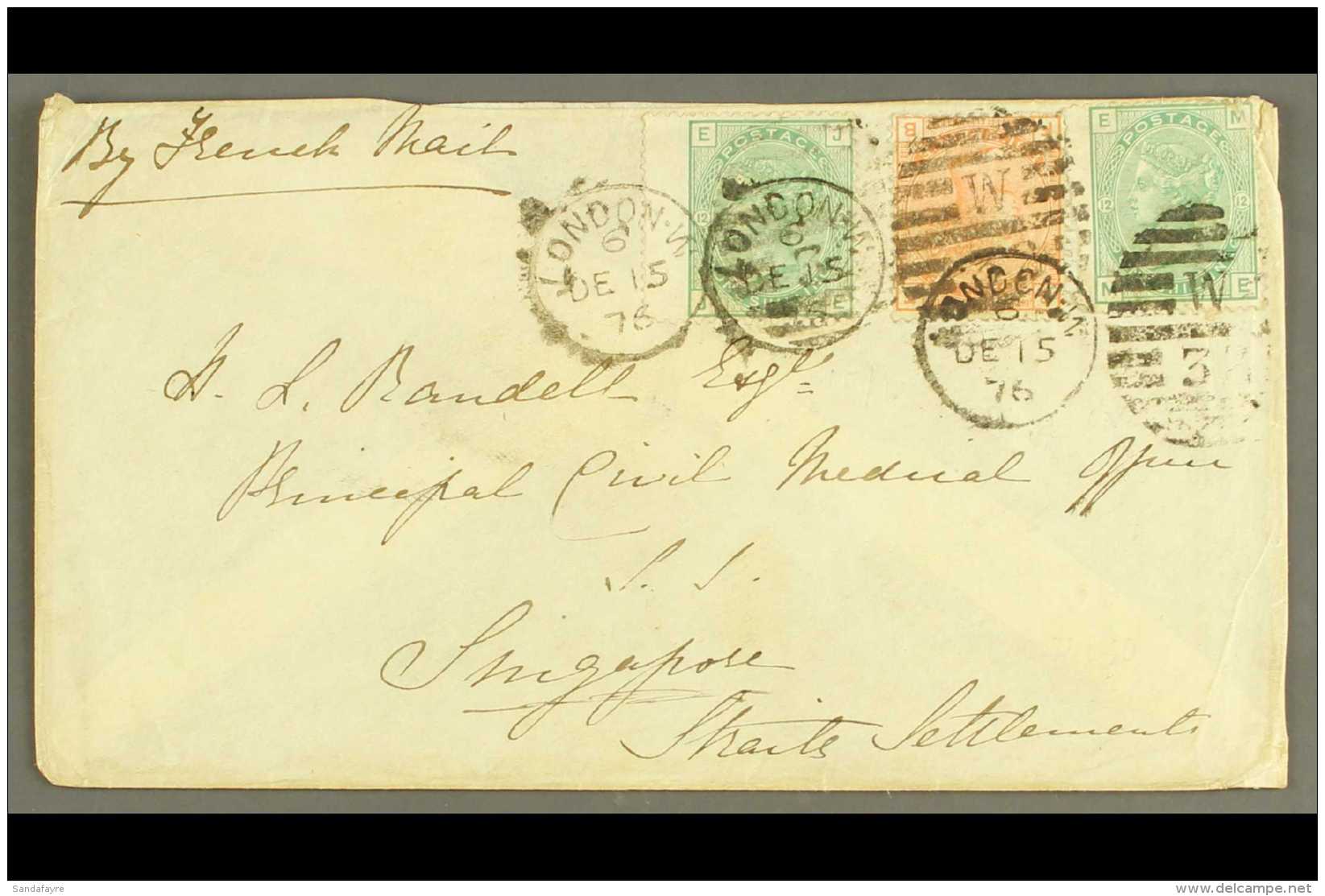 1876 (DEC 15) COVER TO SINGAPORE Bearing 1875 1s Green Plate 12 (x2), SG 150, And 1876 4d Vermilion Plate 15, SG... - Autres & Non Classés