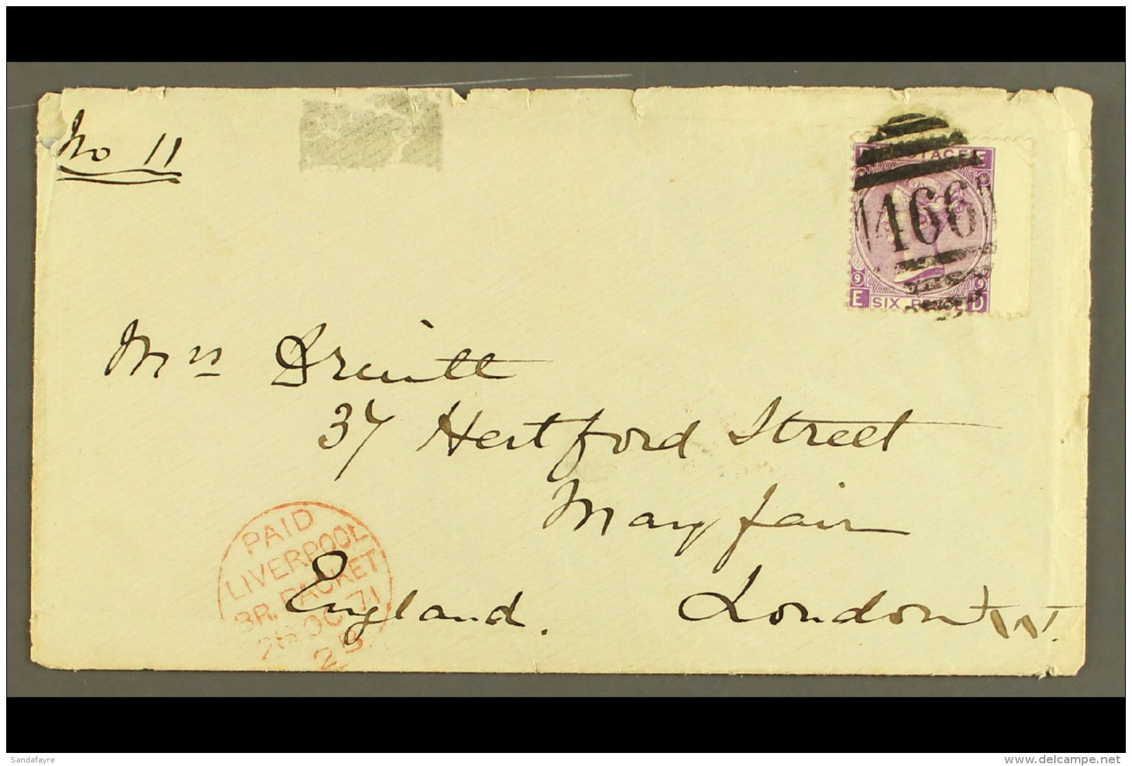 1871 (2 Oct) Cover Containing Letter From Liverpool To Mayfair, London Bearing QV 6d (Plate 9) Tied By Liverpool... - Otros & Sin Clasificación