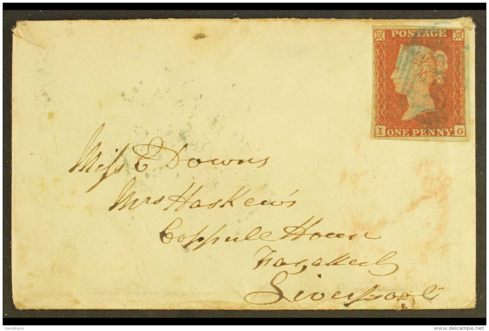 1853 Cover To Liverpool Bearing 1d Red Imperf (4 Margins) Tied By 1844 Type Postmark In BLUE. For More Images,... - Sonstige & Ohne Zuordnung