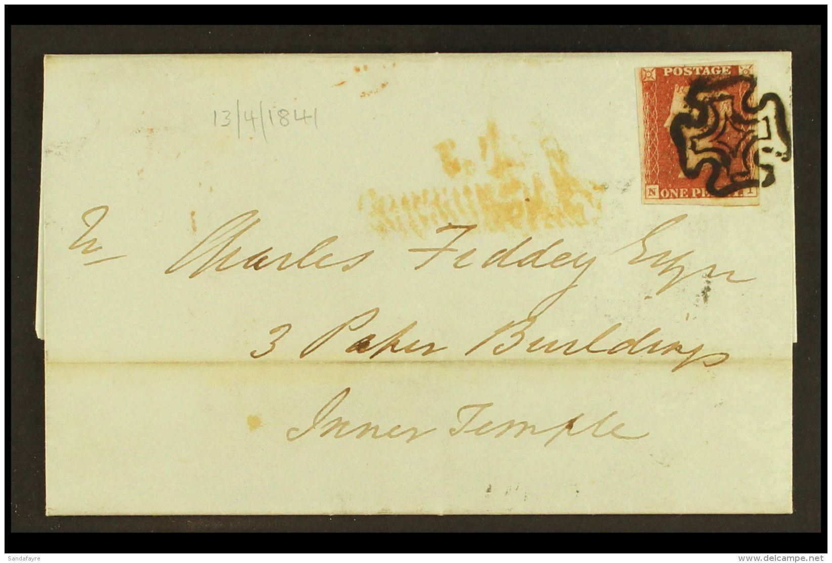 1841 (13 Apr) Entire Letter Bearing 1d Red-brown Printed From 'black' Plate 11, SG 7, Tied By Neat Upright Black... - Sonstige & Ohne Zuordnung