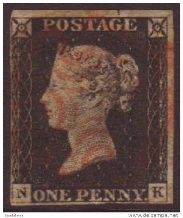 1840 1d Black Plate 2, Lettered  'NK', With Four Close To Large Margins And Red Maltese Cross Cancel, A Thin... - Ohne Zuordnung