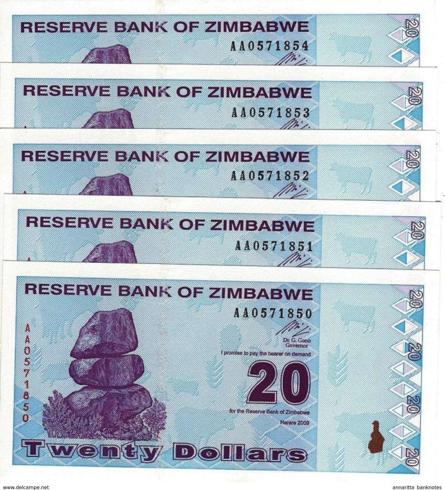 ZIMBABWE 20 DOLLARS 2009 P-95 UNC [ZW186a] 5 PCS - Simbabwe