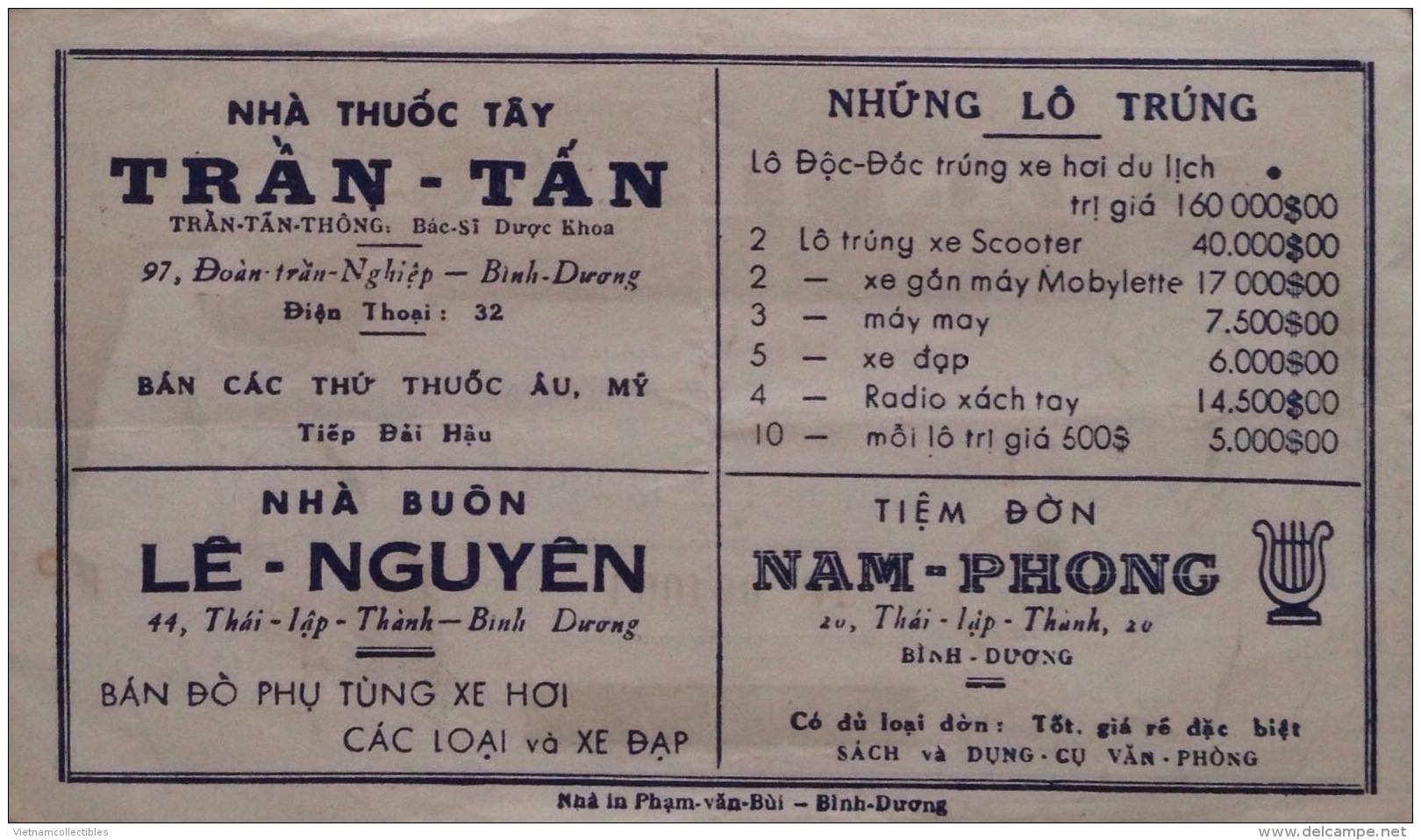 Lotterie / Lottery Of South Vietnam Viet Nam Issued By Binh Duong 1959 - RARE / 02 Images - Loterijbiljetten