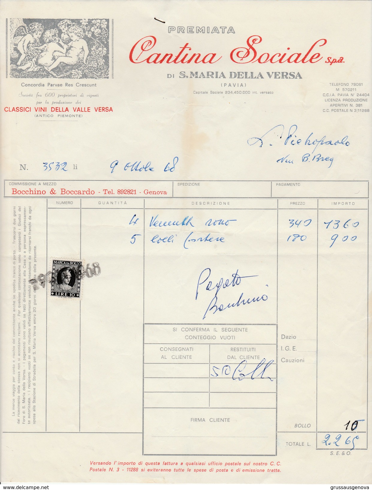 DOC2) PAVIA CANTINA SOCIALE S. MARIA LA VERSA VINO VINI 1968 - Italia