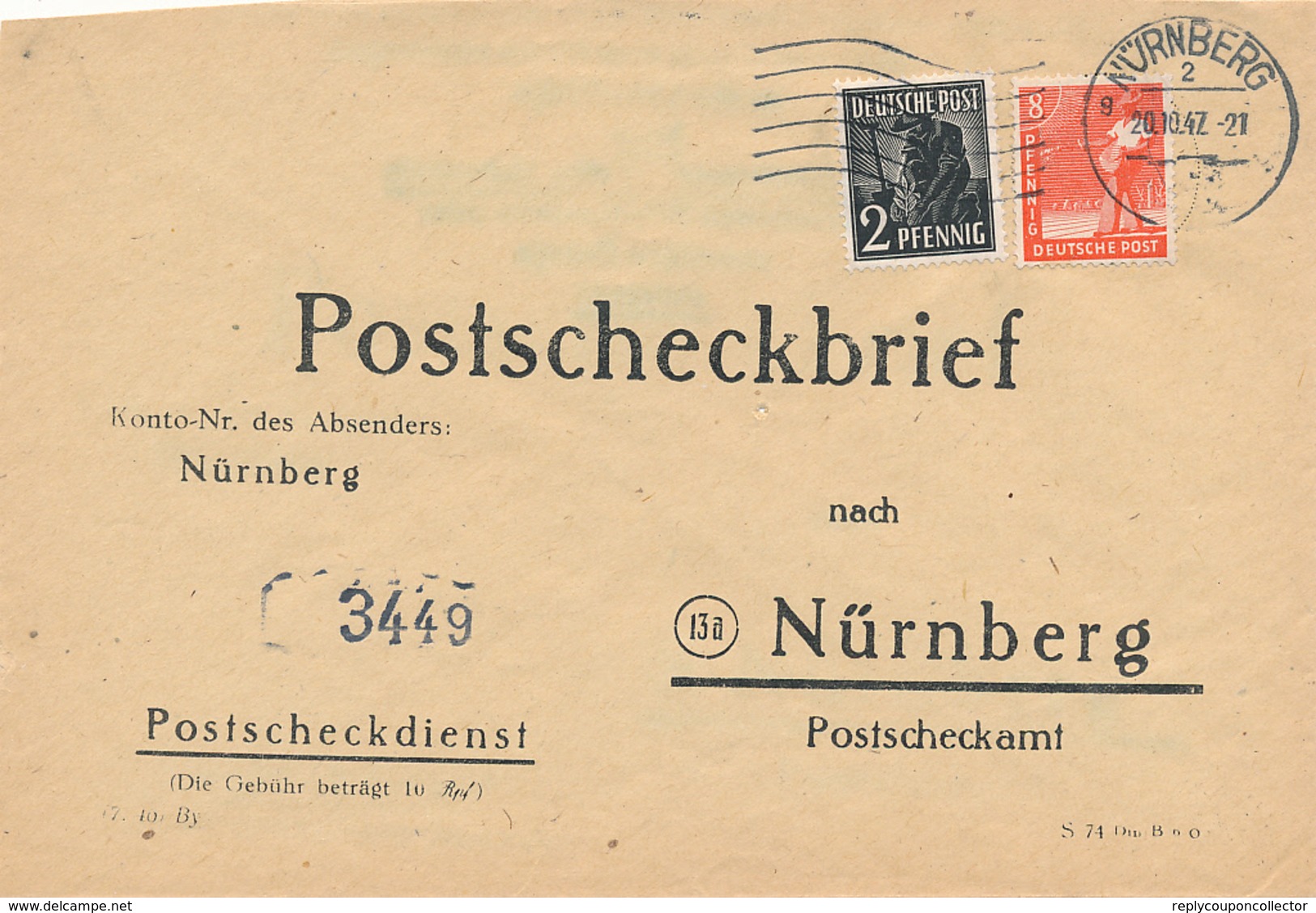 NÜRNBERG - 1947 , Postscheckbrief  Nach Nürnberg  -  Big Letter, Dispatch = 4,20 EURO (normal Mail) - Autres & Non Classés