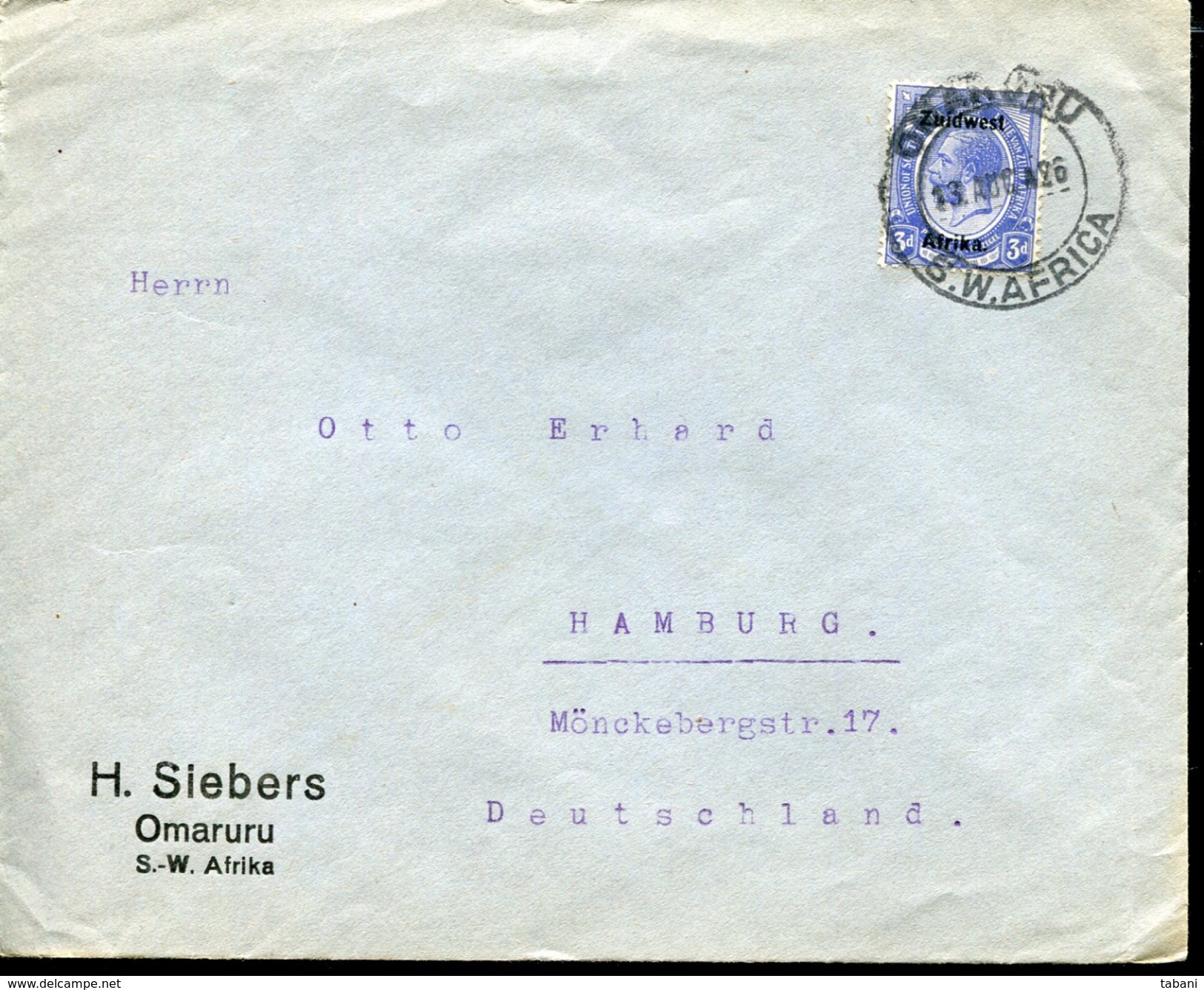 GERMAN S.W.AFRICA SINGLE FRANKING OLD COVER H.SIEBERS OMARURU - Africa (Other)