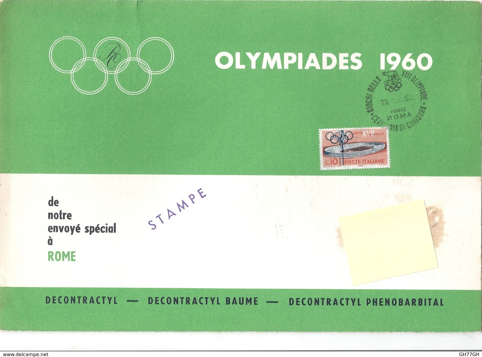 Olympiades 1960. Six Plaquettes de correspondance "informations de Rome" par "Publicat", timbrées "decontractyl baume"