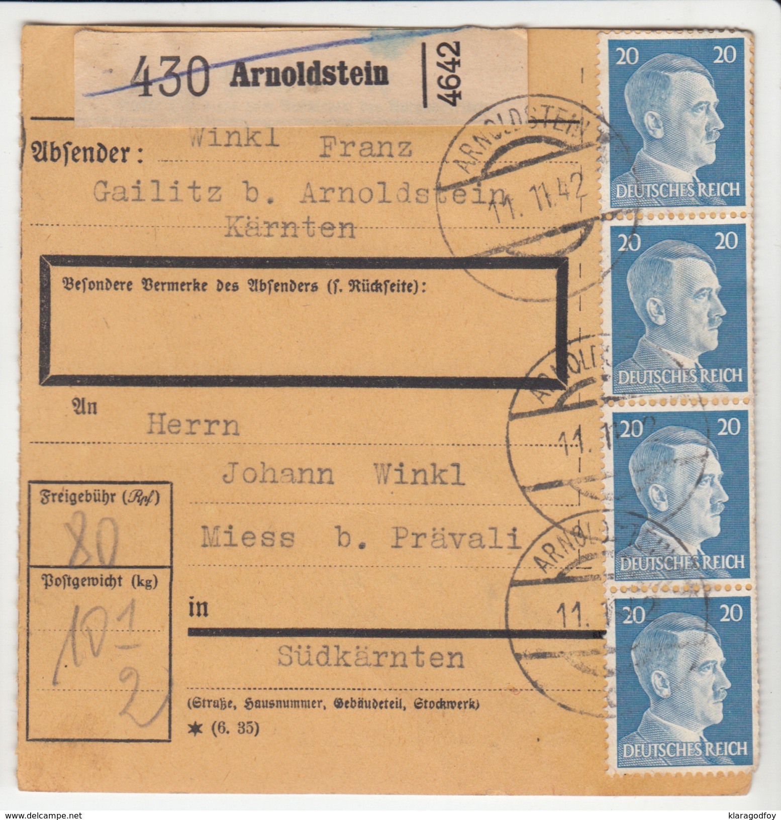 Germany Reich WWII Parcel Card Arnoldstein To Miess (Meza - Slovenia) 17IB01 - Briefe U. Dokumente