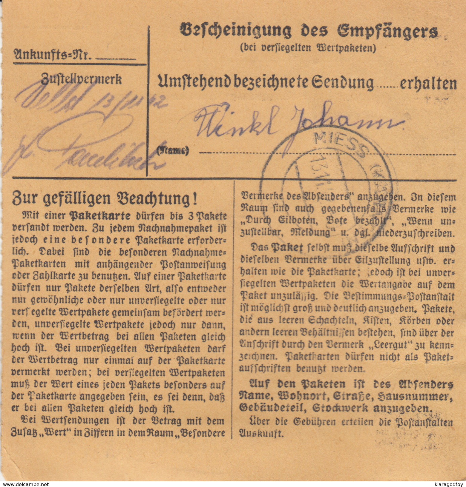 Germany Reich WWII Parcel Card Arnoldstein To Miess (Meza - Slovenia) 17IB01 - Briefe U. Dokumente
