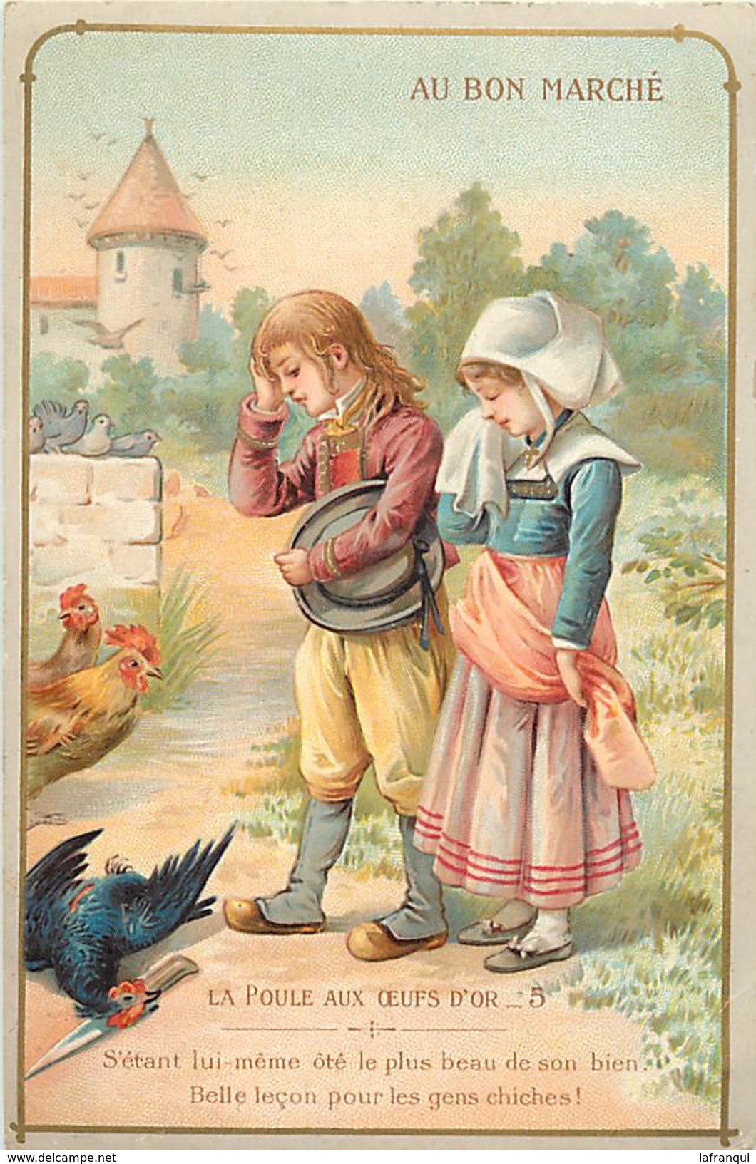 A179- Chromo Au Bon Marché -/ Dimensions : 16,5cms X 11cms /- Enfants  -la Poule Aux Oeufs D Or - - Au Bon Marché