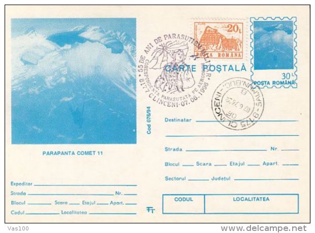 PARACHUTTING, COMET 11 SKYGLIDER, PC STATIONERY, ENTIER POSTAL, 1996, ROMANIA - Fallschirmspringen