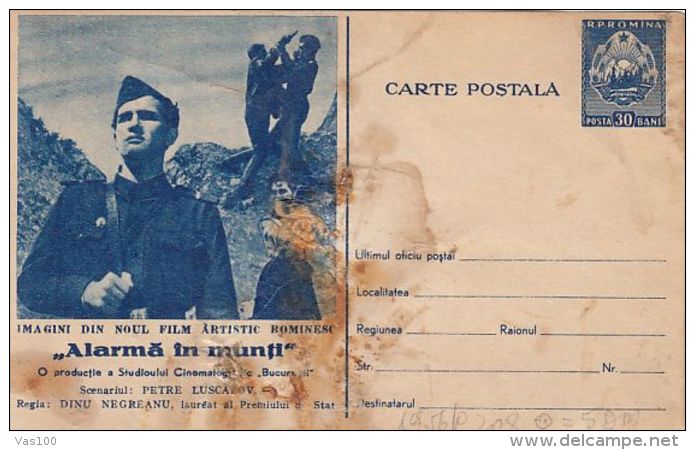 CINEMA, ALARM IN THE MOUNTAINS, MOVIE SCENE, PC STATIONERY, ENTIER POSTAL, 1956, ROMANIA - Cinema