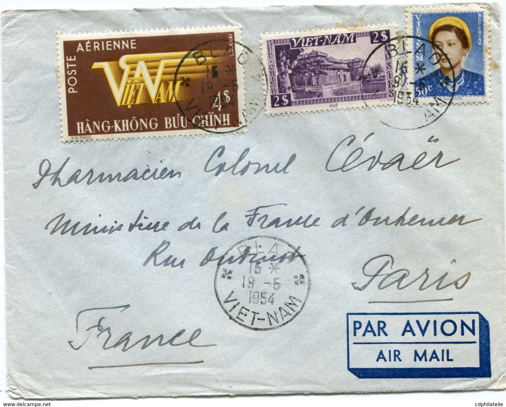 VIET-NAM LETTRE PAR AVION DEPART BLAO 19-5-1954 VIET-NAM POUR LA FRANCE - Viêt-Nam