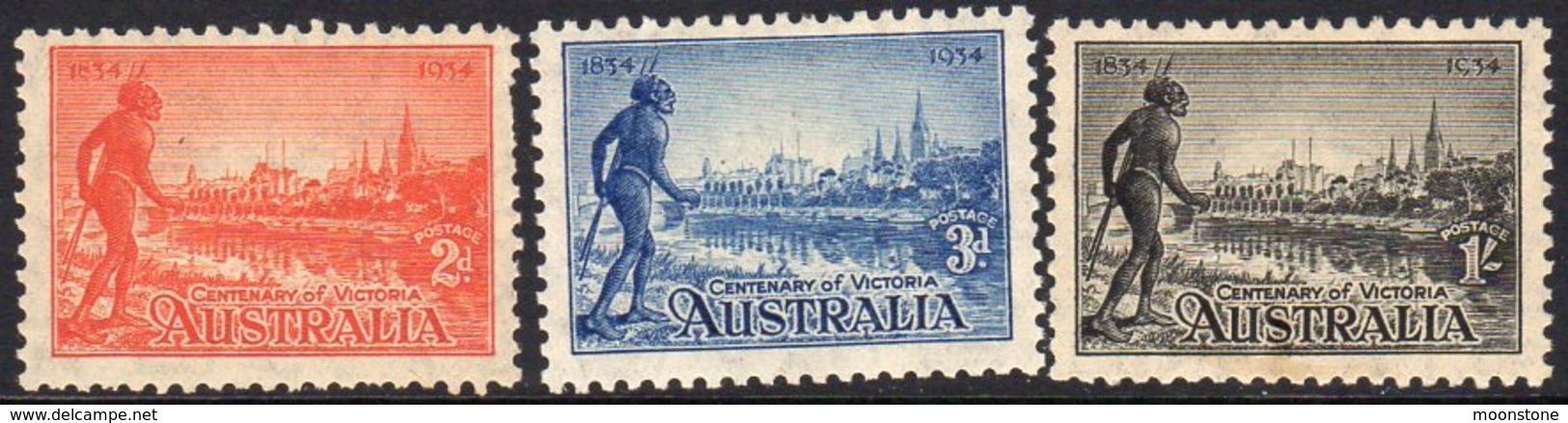 Australia 1934 Centenary Of Victoria Set Of 3, Hinged Mint, Perf. 10½ (SG147-9) - Neufs