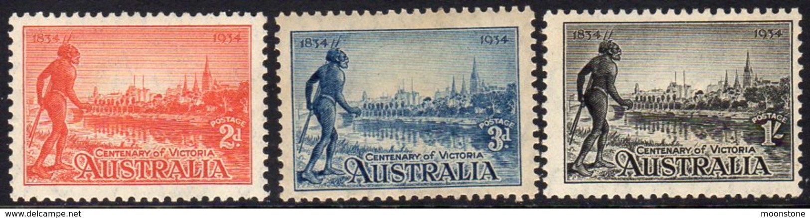 Australia 1934 Centenary Of Victoria Set Of 3, Hinged Mint, Perf. 11½ (SG147a-9a) - Mint Stamps