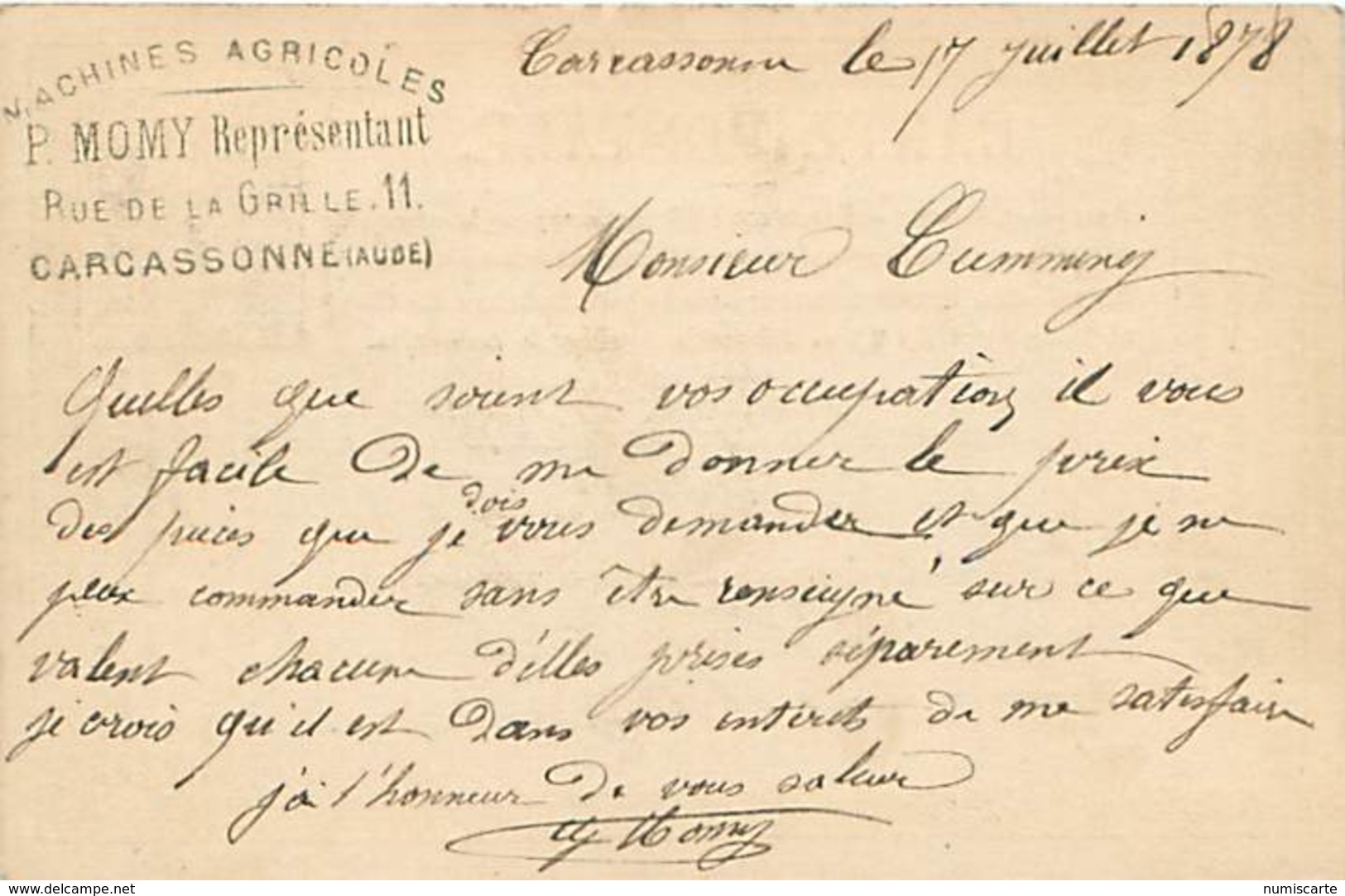 Cpa Précurseur CARCASSONNE 11 à Orléans, 1878, MOMY Machines Agricoles 11 Rue De La Grille - Carcassonne