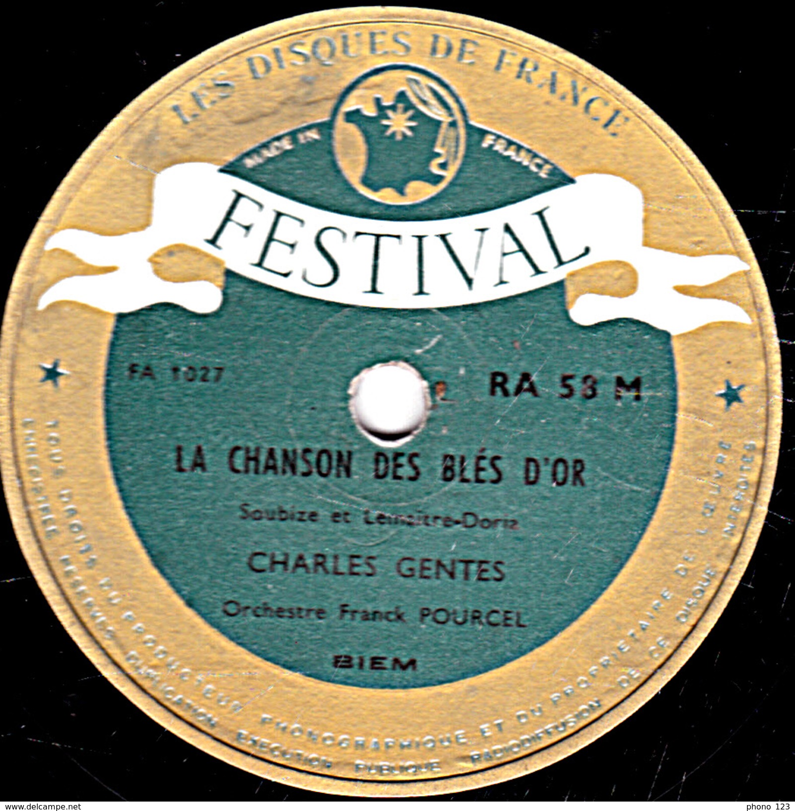 78 T. - 25 Cm - état B - CHARLES GENTES - LA CHANSON DES BLES D'OR - L'ANGELUS DE LA MER - 78 T - Disques Pour Gramophone