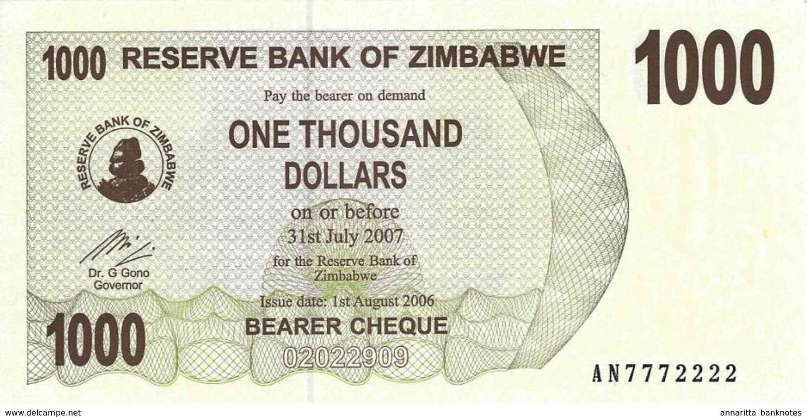 ZIMBABWE 1000 DOLLARS 2006 P-44 UNC NICE S/N AN7772222.  [ZW135a] - Simbabwe