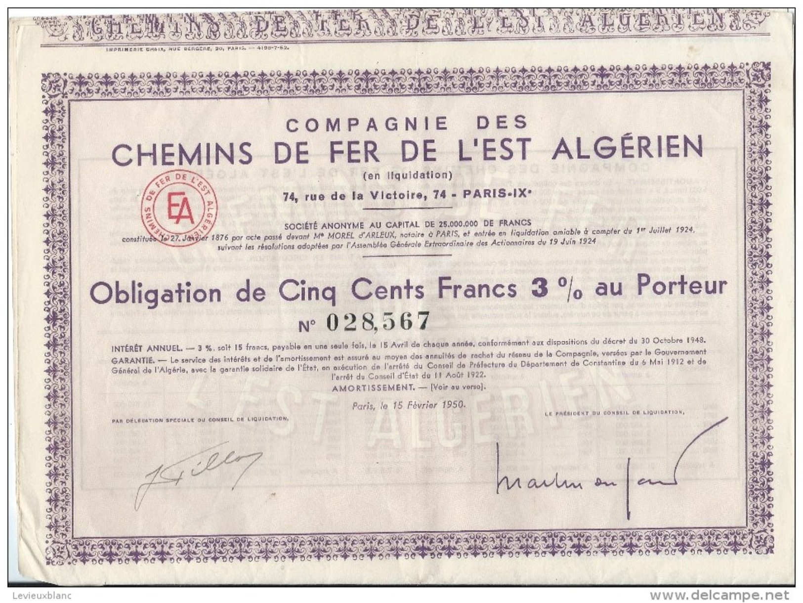 Obligation De 500 Francs 3% Au Porteur/Cie Des Chemins De Fer  De L'Est Algérien/Paris /Algérie/1950   ACT96bis - Afrika
