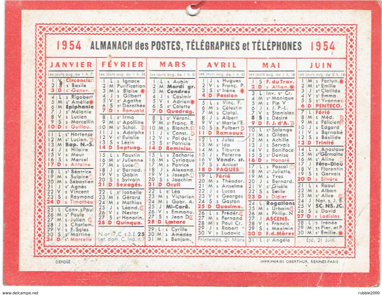 CALENDRIER CARTONNE 1954 IMPRIMEUR OBERTHUR - Small : 1941-60