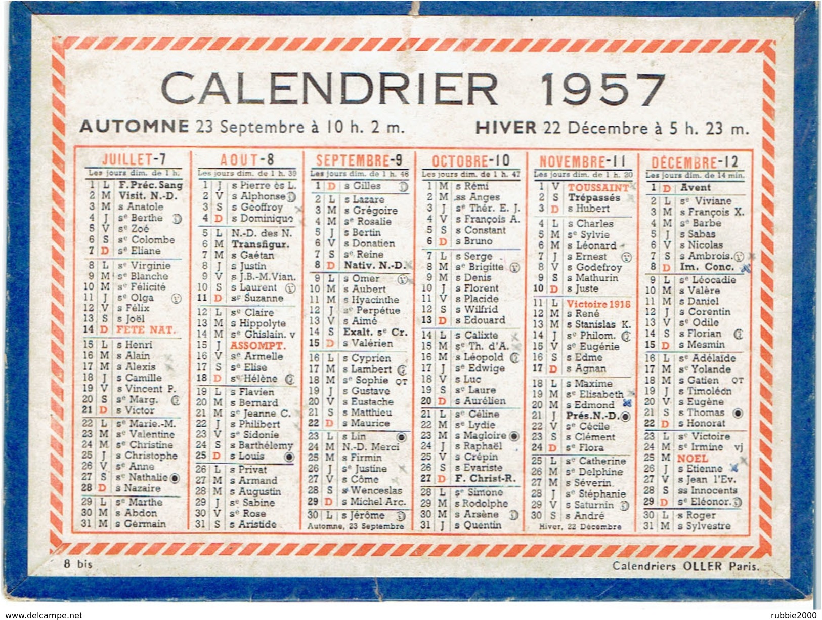 CALENDRIER CARTONNE 1957 IMPRIMEUR OLLER - Petit Format : 1941-60