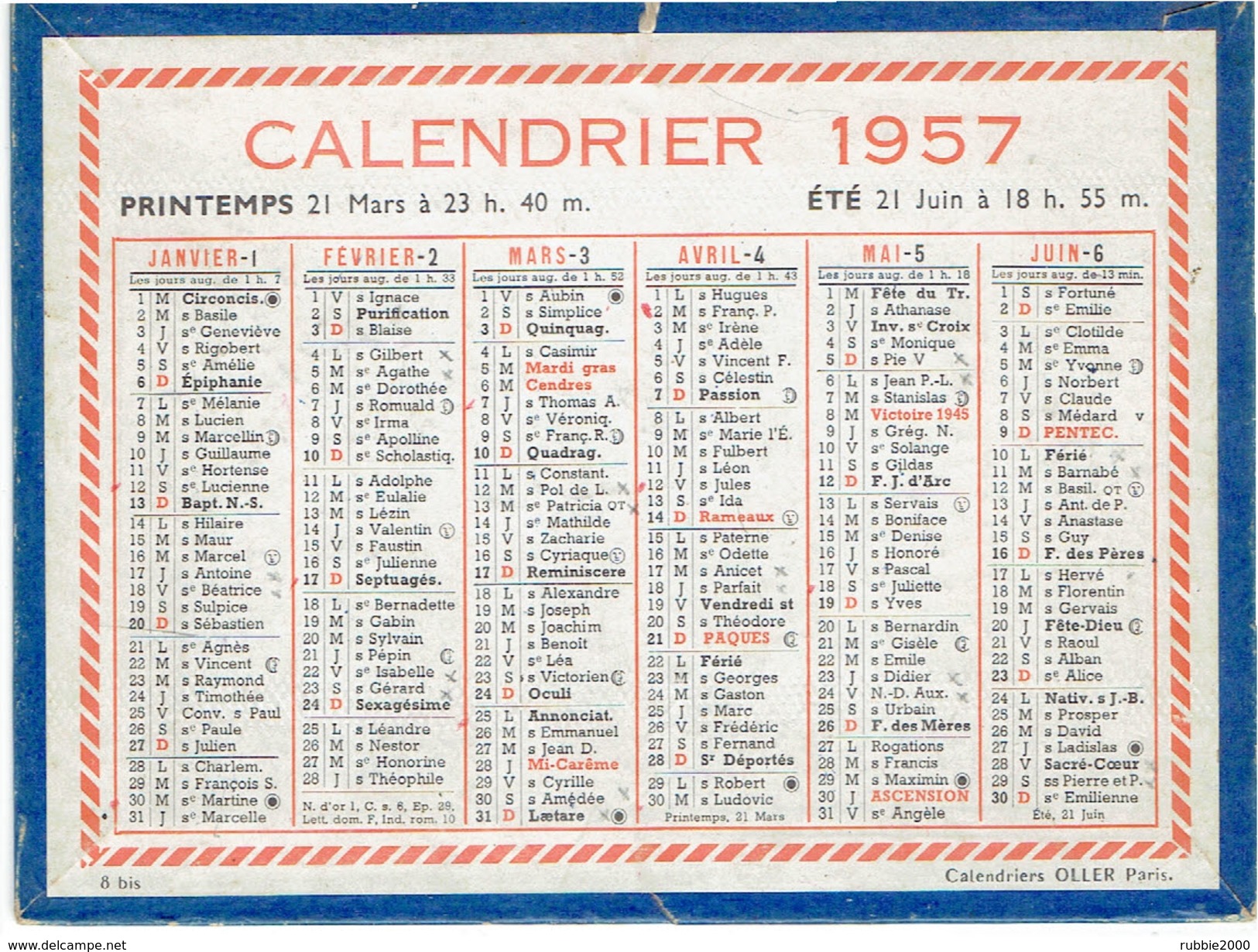 CALENDRIER CARTONNE 1957 IMPRIMEUR OLLER - Tamaño Pequeño : 1941-60