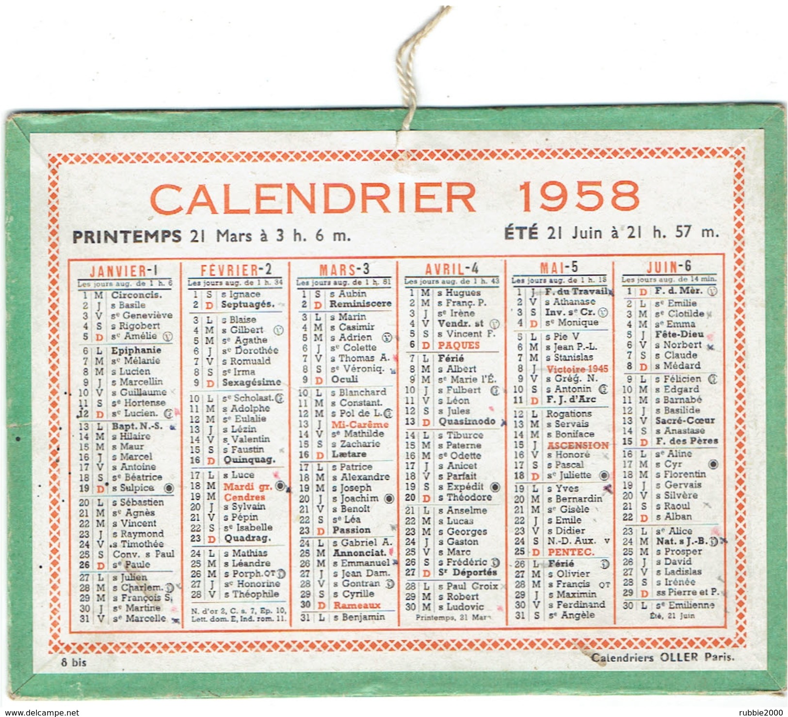 CALENDRIER CARTONNE 1958 IMPRIMEUR OLLER - Kleinformat : 1941-60