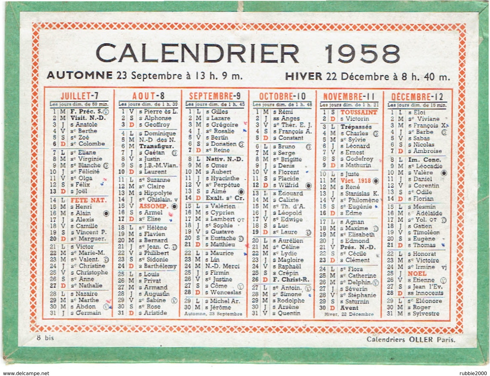 CALENDRIER CARTONNE 1958 IMPRIMEUR OLLER - Small : 1941-60