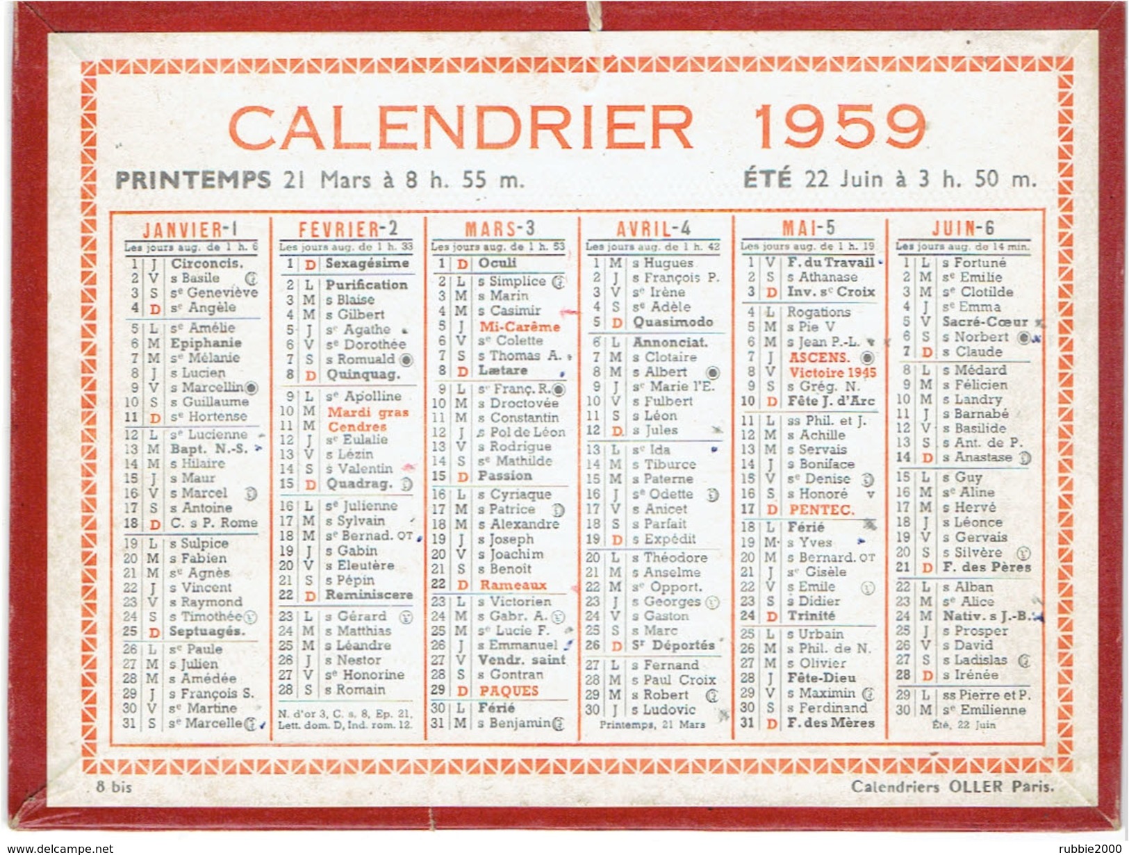 CALENDRIER CARTONNE 1959 IMPRIMEUR OLLER - Petit Format : 1941-60