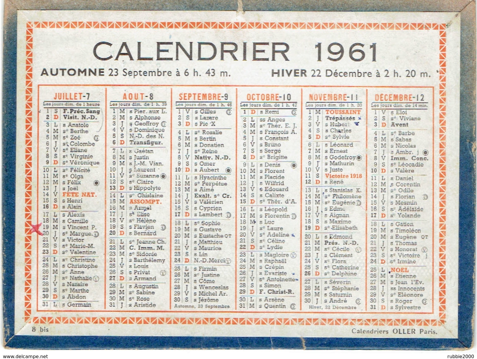 CALENDRIER CARTONNE 1961 IMPRIMEUR OLLER - Small : 1961-70