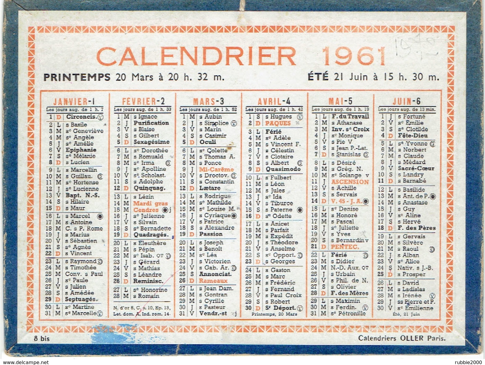 CALENDRIER CARTONNE 1961 IMPRIMEUR OLLER - Petit Format : 1961-70