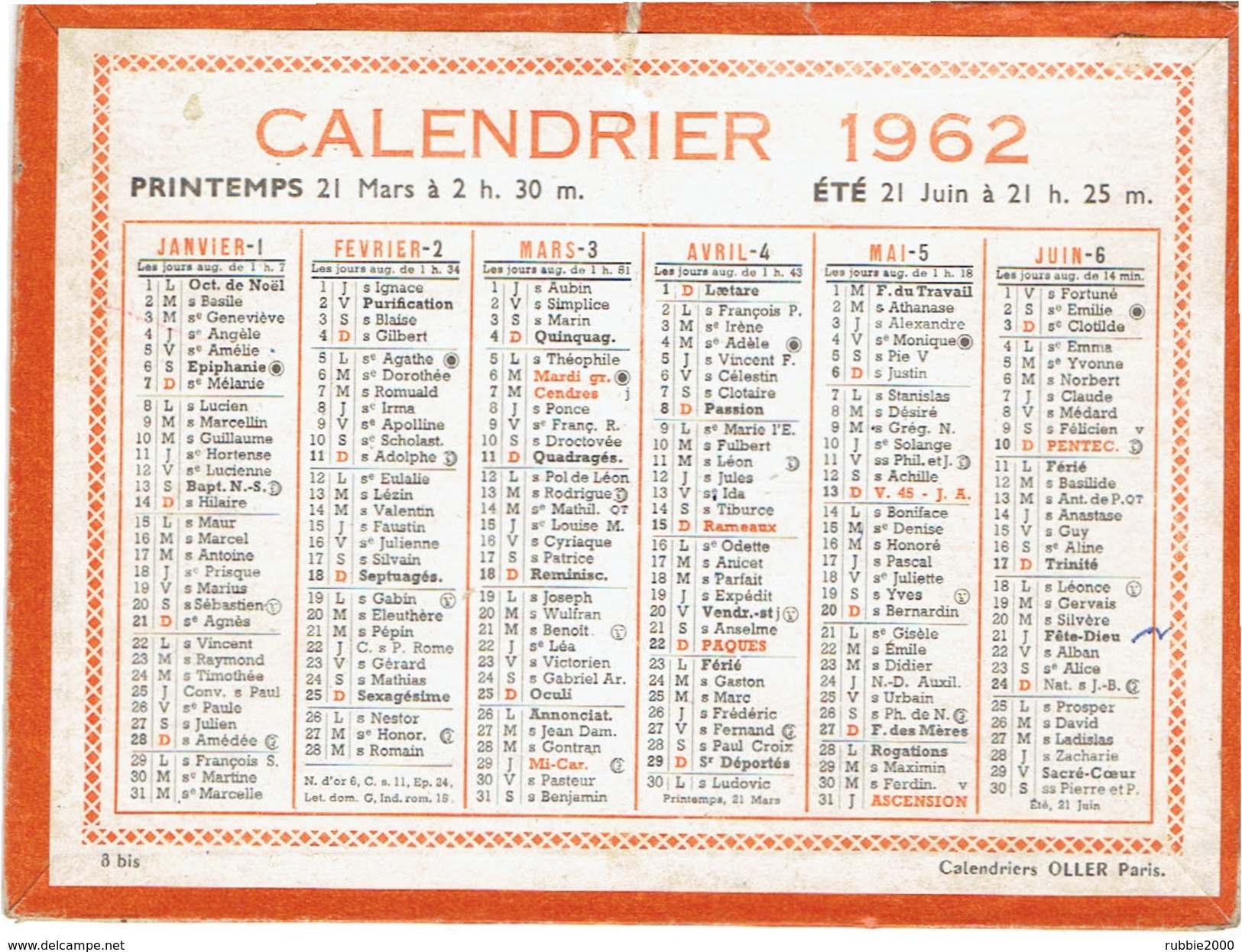 CALENDRIER CARTONNE 1962 IMPRIMEUR OLLER - Small : 1961-70