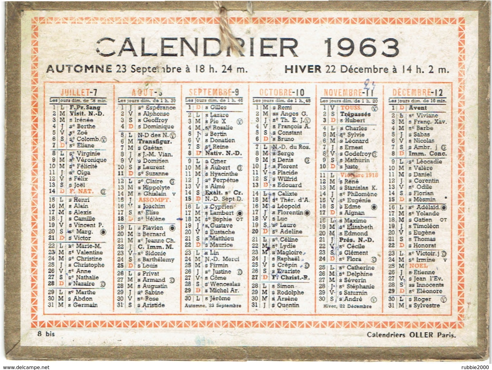 CALENDRIER CARTONNE 1963 IMPRIMEUR OLLER - Petit Format : 1961-70