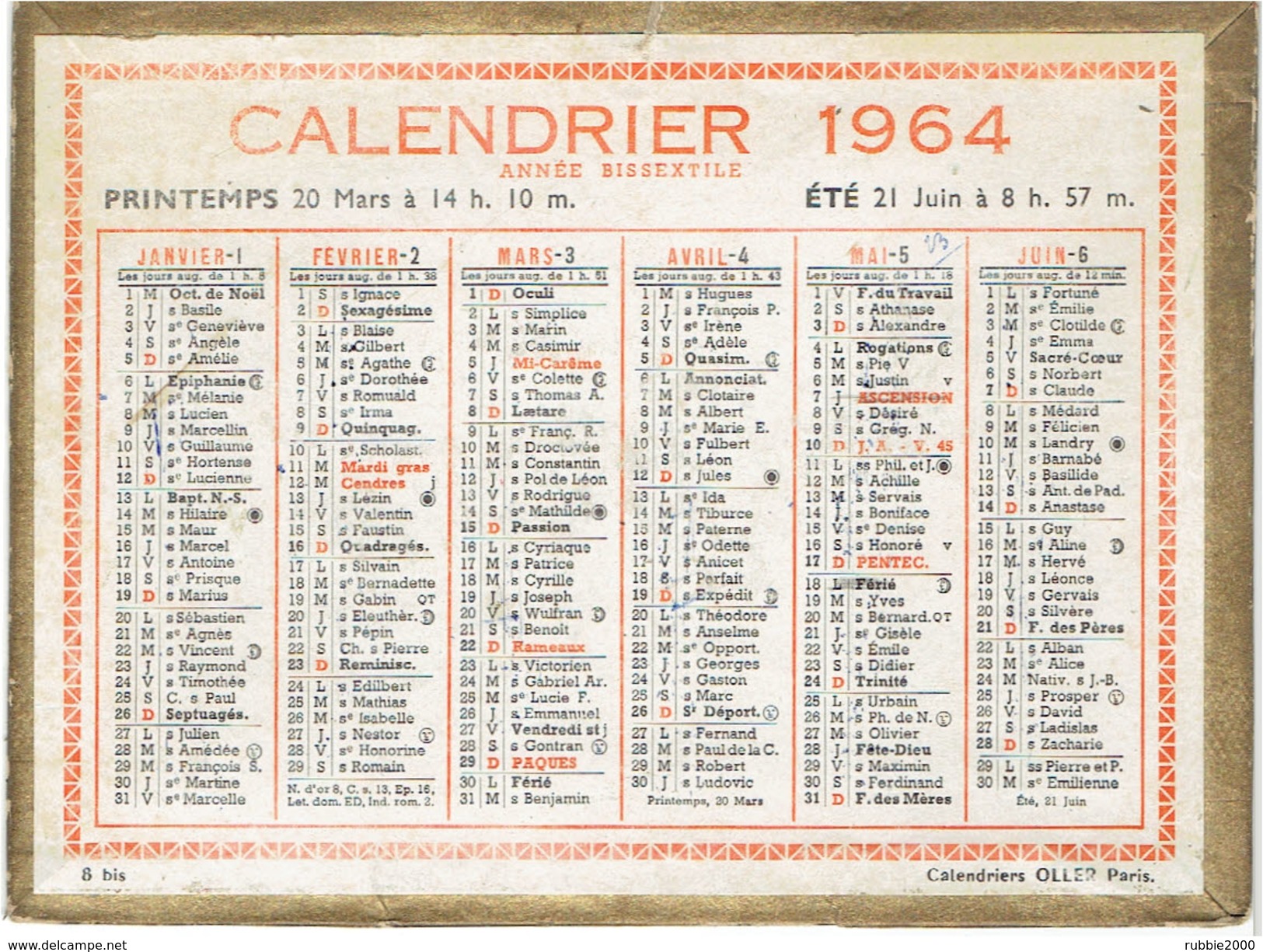 CALENDRIER CARTONNE 1964 IMPRIMEUR OLLER - Petit Format : 1961-70