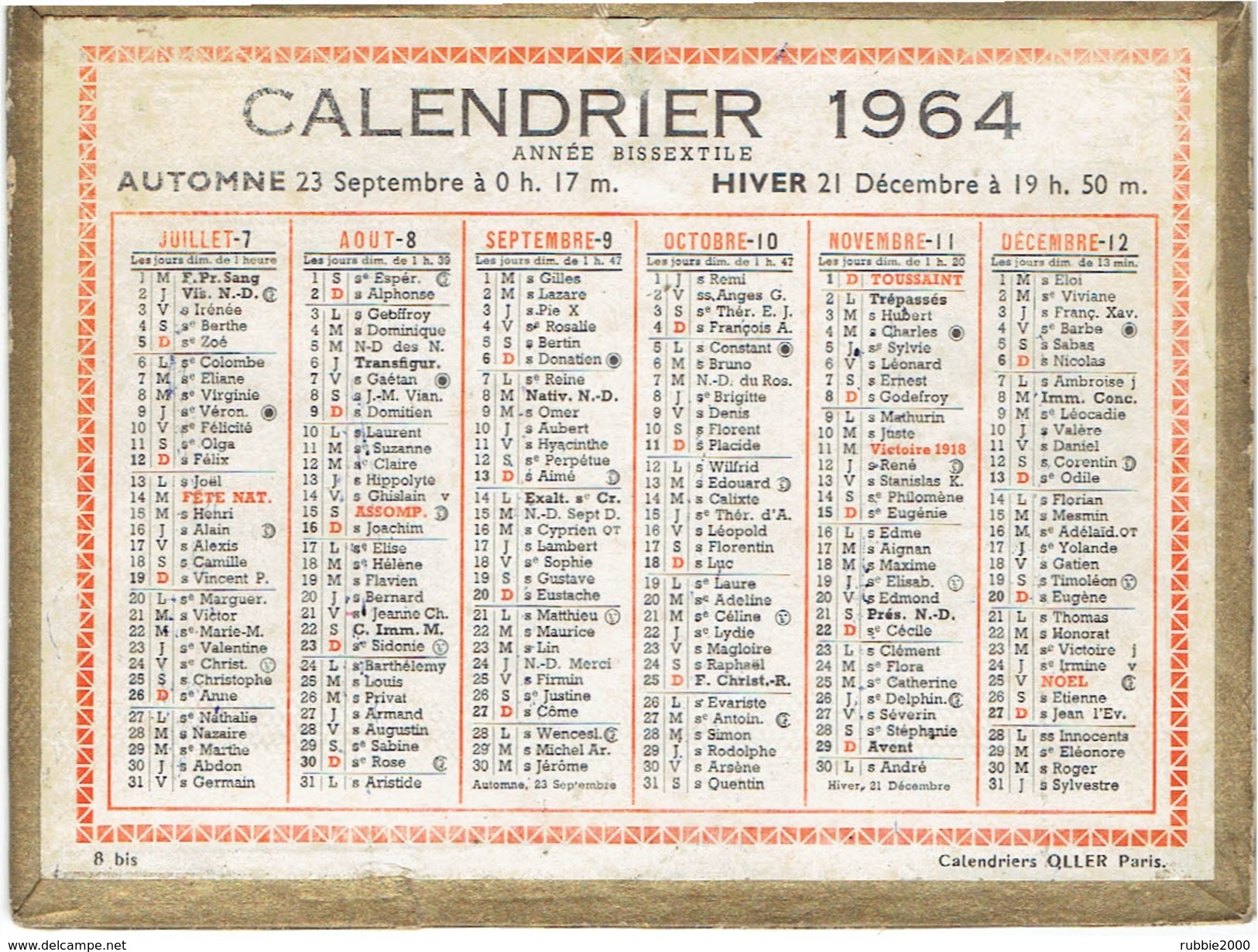 CALENDRIER CARTONNE 1964 IMPRIMEUR OLLER - Petit Format : 1961-70