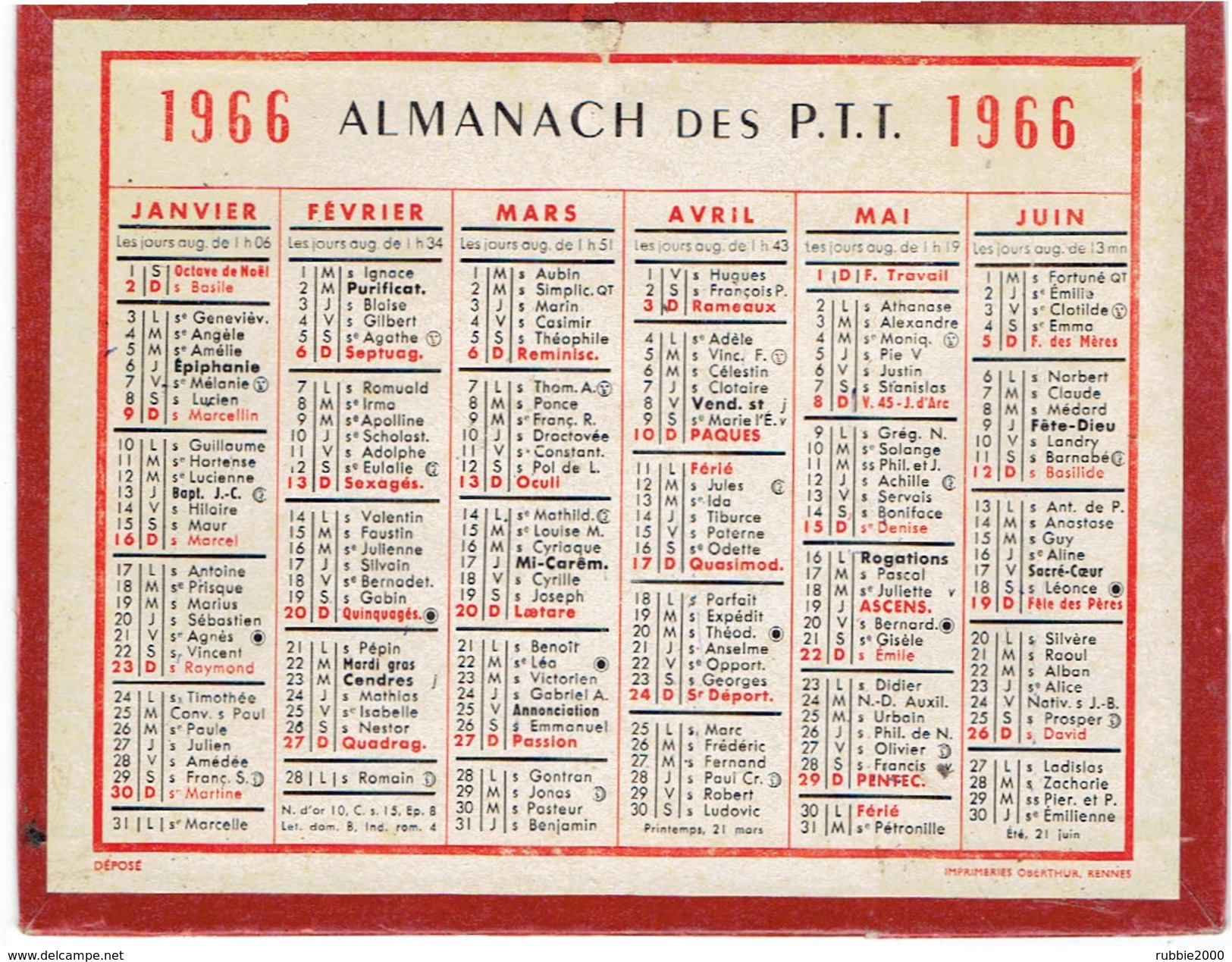 CALENDRIER CARTONNE 1966 IMPRIMEUR OBERTHUR - Petit Format : 1961-70