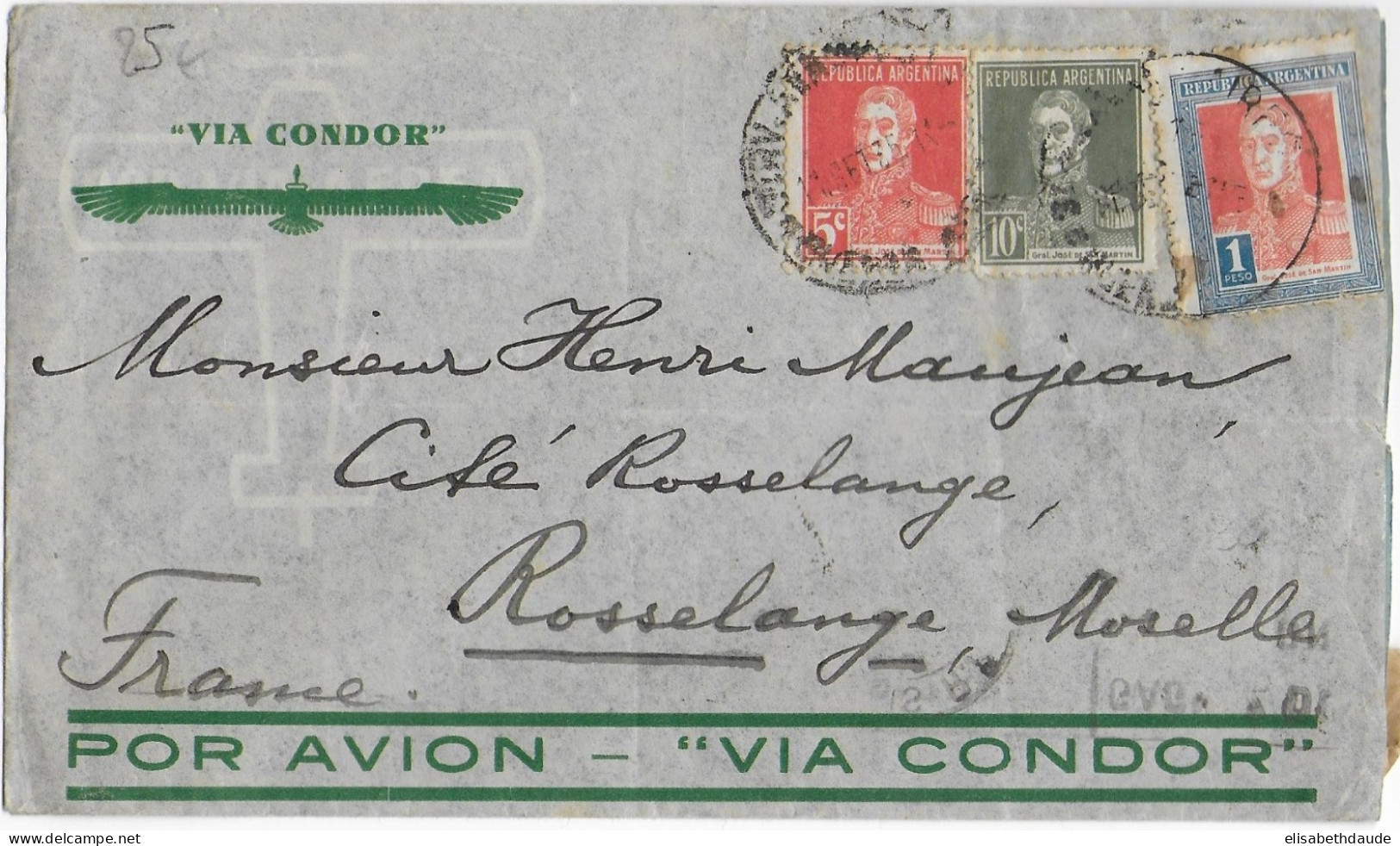 1935 - ARGENTINE - ENVELOPPE AIRMAIL CONDOR Pour ROSSELANGE (MOSELLE) - Briefe U. Dokumente