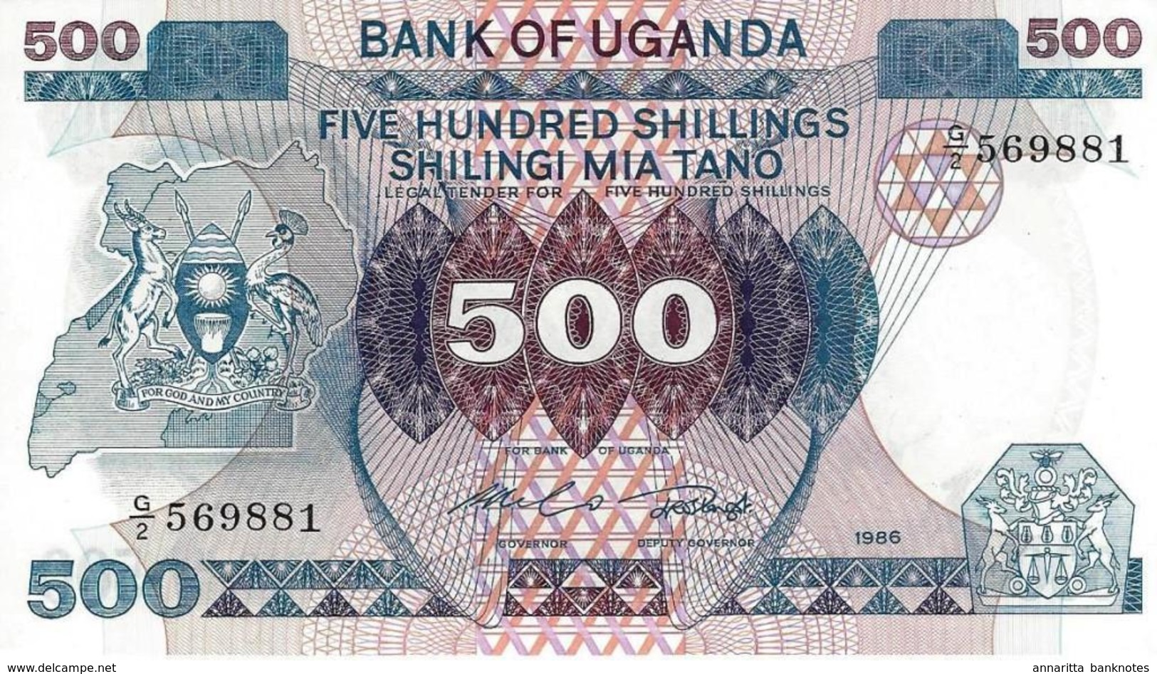 Uganda (BOU) 500 Shillings 1986 UNC Cat No. P-25a / UG128a - Uganda