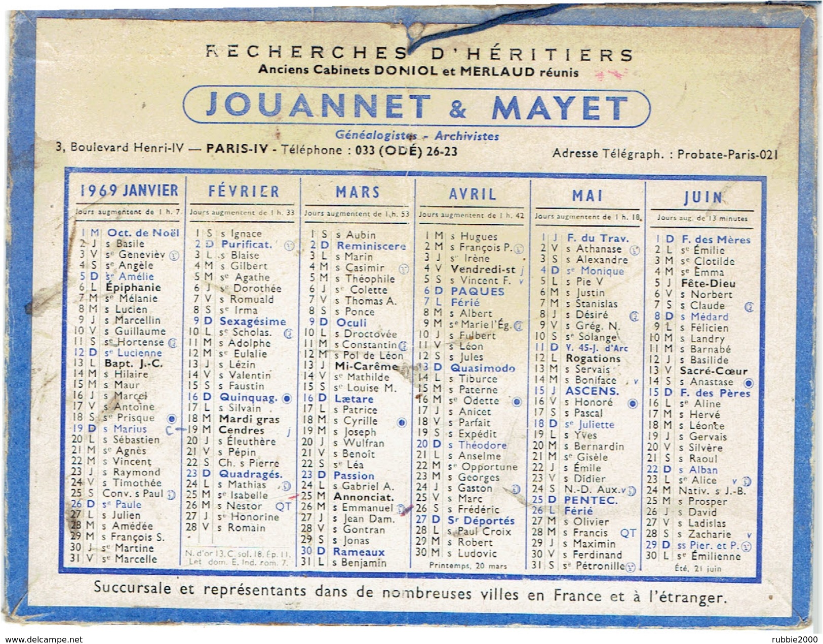 CALENDRIER CARTONNE 1969 JOUANNET ET MAYET - Petit Format : 1961-70