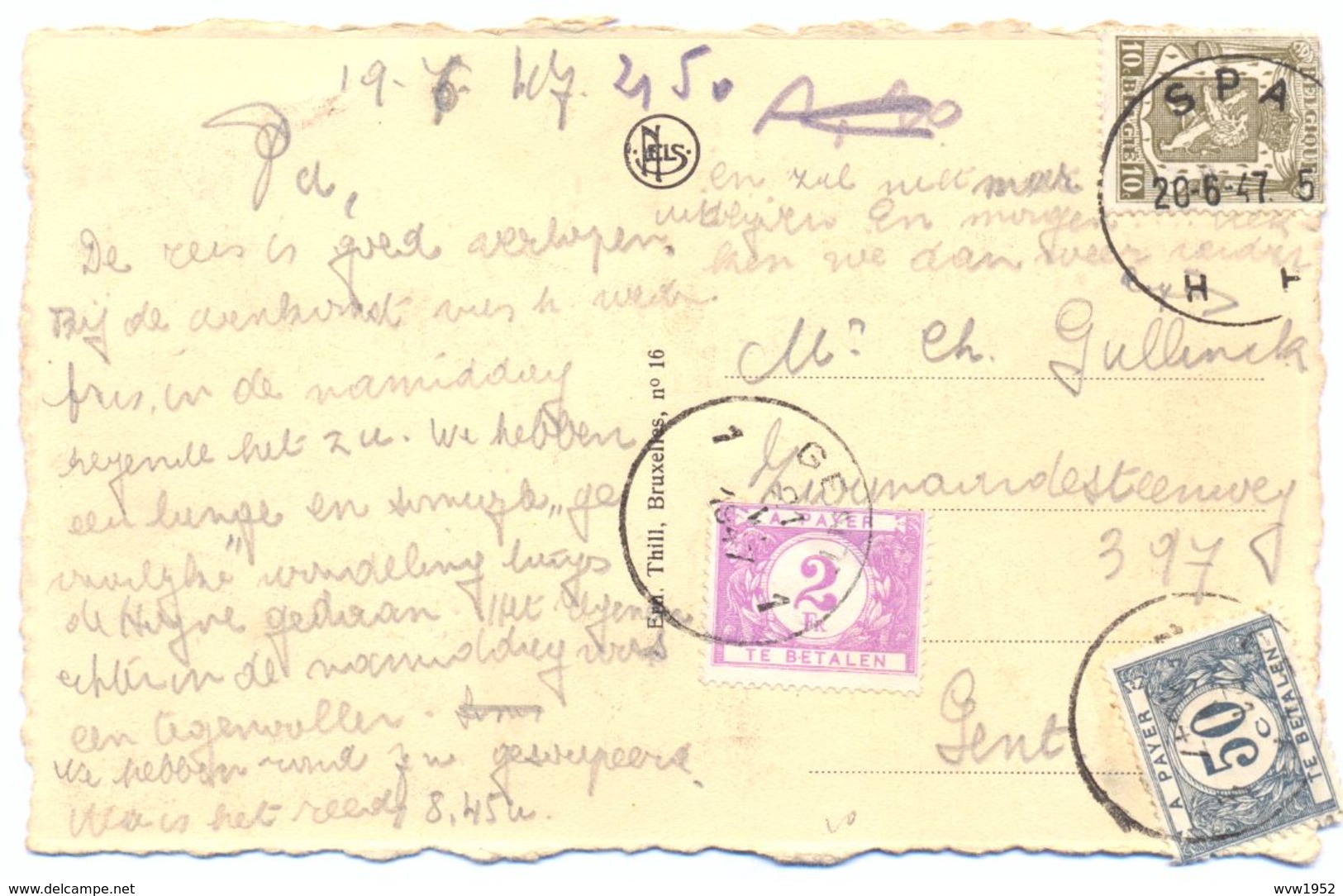 Zichtkaart Vanuit Spa (20 Juni 1947) Naar Gent Getaxeerd 2,50 Fr Taxe N° 47 En Taxe N° 39 - Lettres & Documents