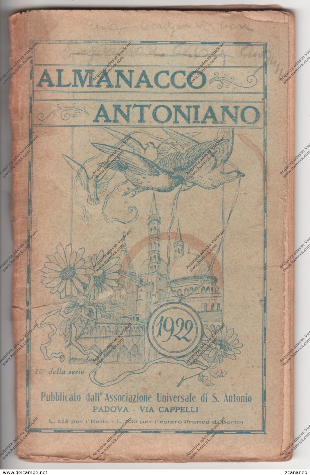 ALMANACCO ANTONIANO DEL 1922 EDITO DALL'ASSOCIAZIONE UNIVERSALE DI S. ANTONIO DI PADOVA - - Santini