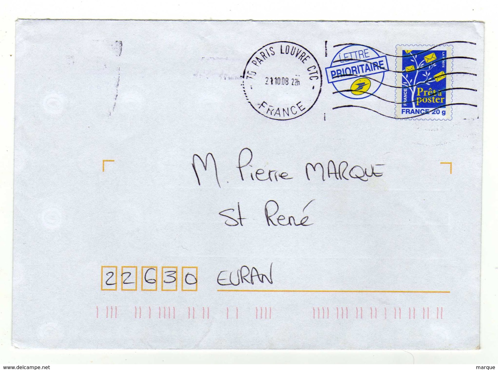 Enveloppe Prêt à Poster Oblitération 75 PARIS LOUVRE CTC 21/10/2008 - PAP : Bijwerking /Logo Bleu