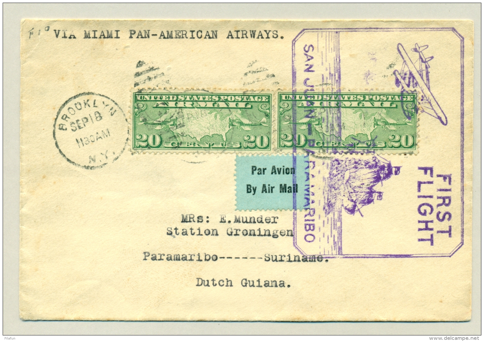 Suriname - 1929 - First Flight San Juan - Paramaribo  - PAA Uitbreiding Van De FAM-6 Lijn - Surinam ... - 1975