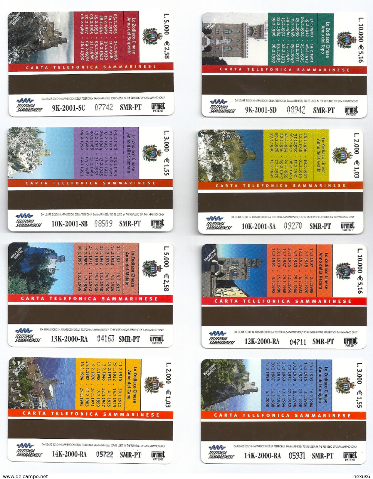 San Marino - Complete 12 Chinese Zodiac Series Cards, All Mint (4 Chip, 8 Urmet) - San Marino