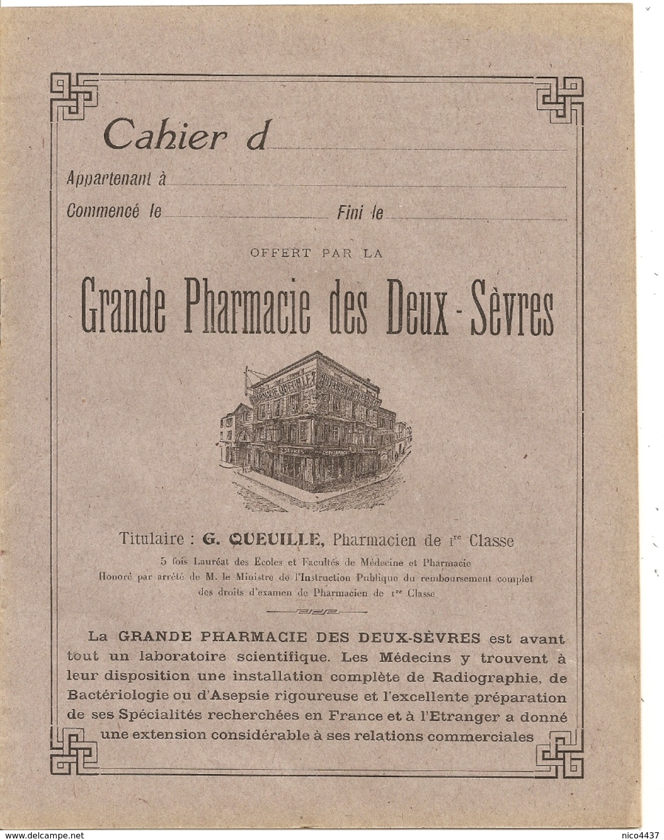 Cahier D'écolier Vierge Grande Pharmacie Des Deux Sevres Niort G QUEUILLE Pharmacien De 1ere Classe - Produits Pharmaceutiques