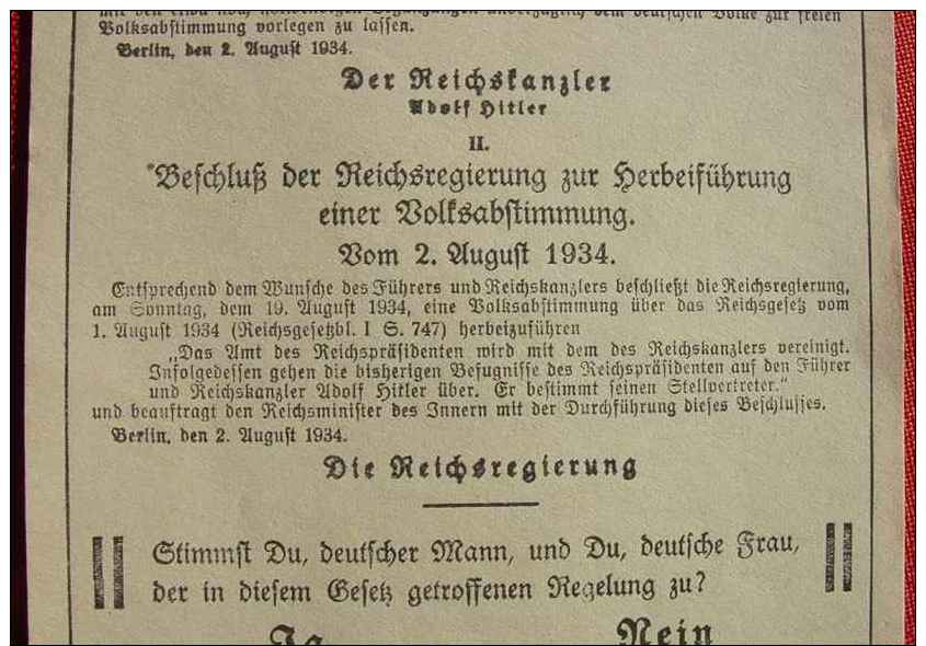 (1046077) Aufruf Zur Volksabstimmung 1934. Original-Beleg V. 1934 ! Adolf Hitler. Drittes Reich. Zeitgeschichte - Dokumente