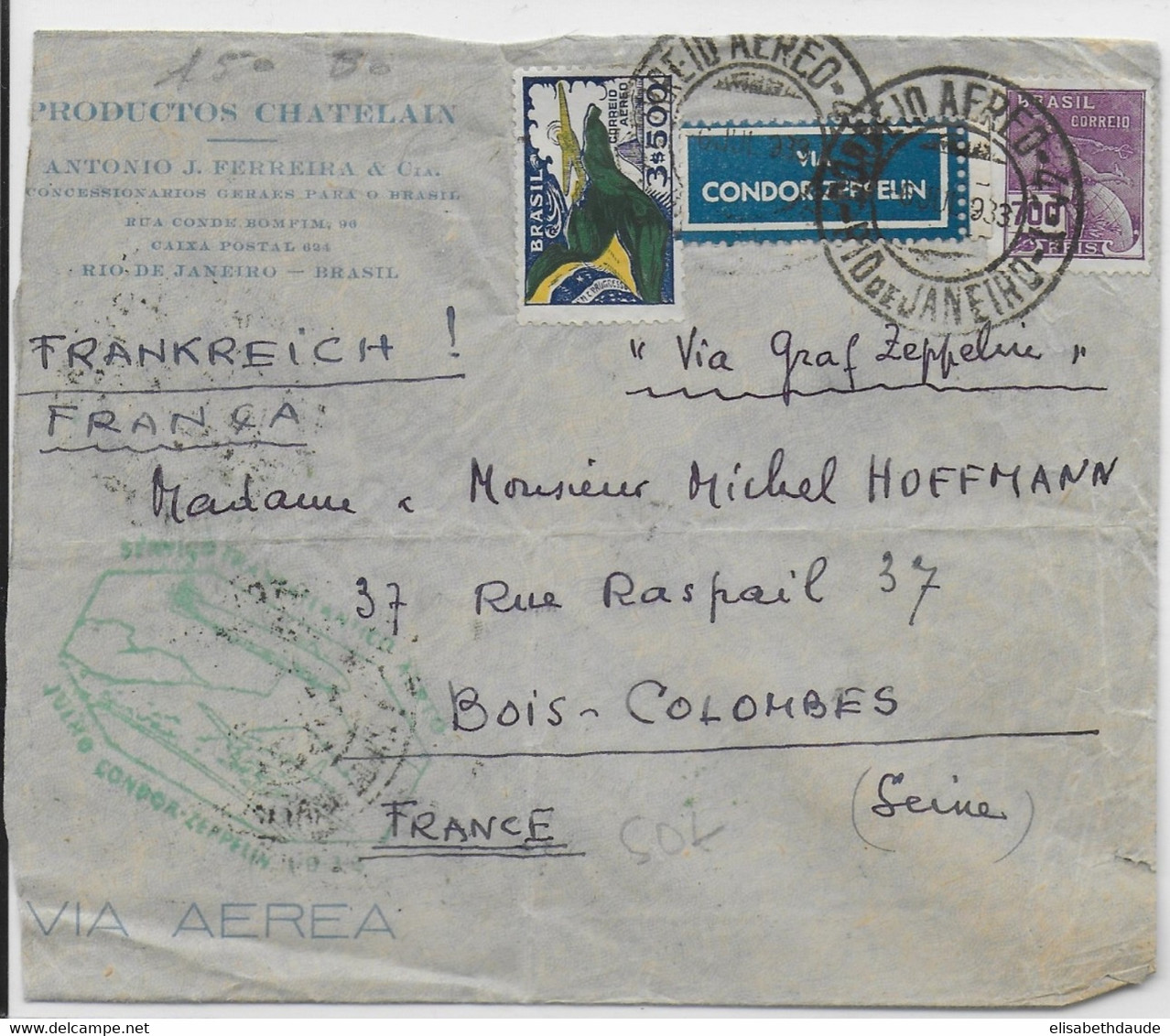 1933 - BRESIL - ENVELOPPE Par ZEPPELIN "GRAF ZEPPELIN" CONDOR De RIO DE JANEIRO Pour BOIS-COLOMBE - Covers & Documents