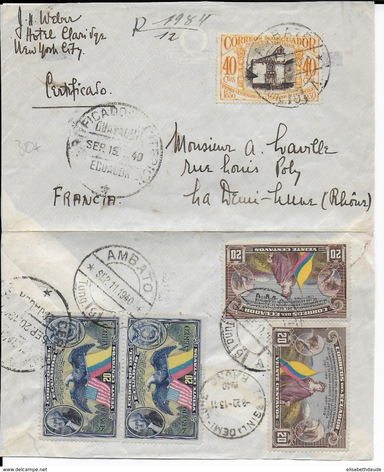 EQUATEUR - 1940 - ENVELOPPE Par AVION RECOMMANDEE De AMBATO Pour DEMI LUNE - Ecuador