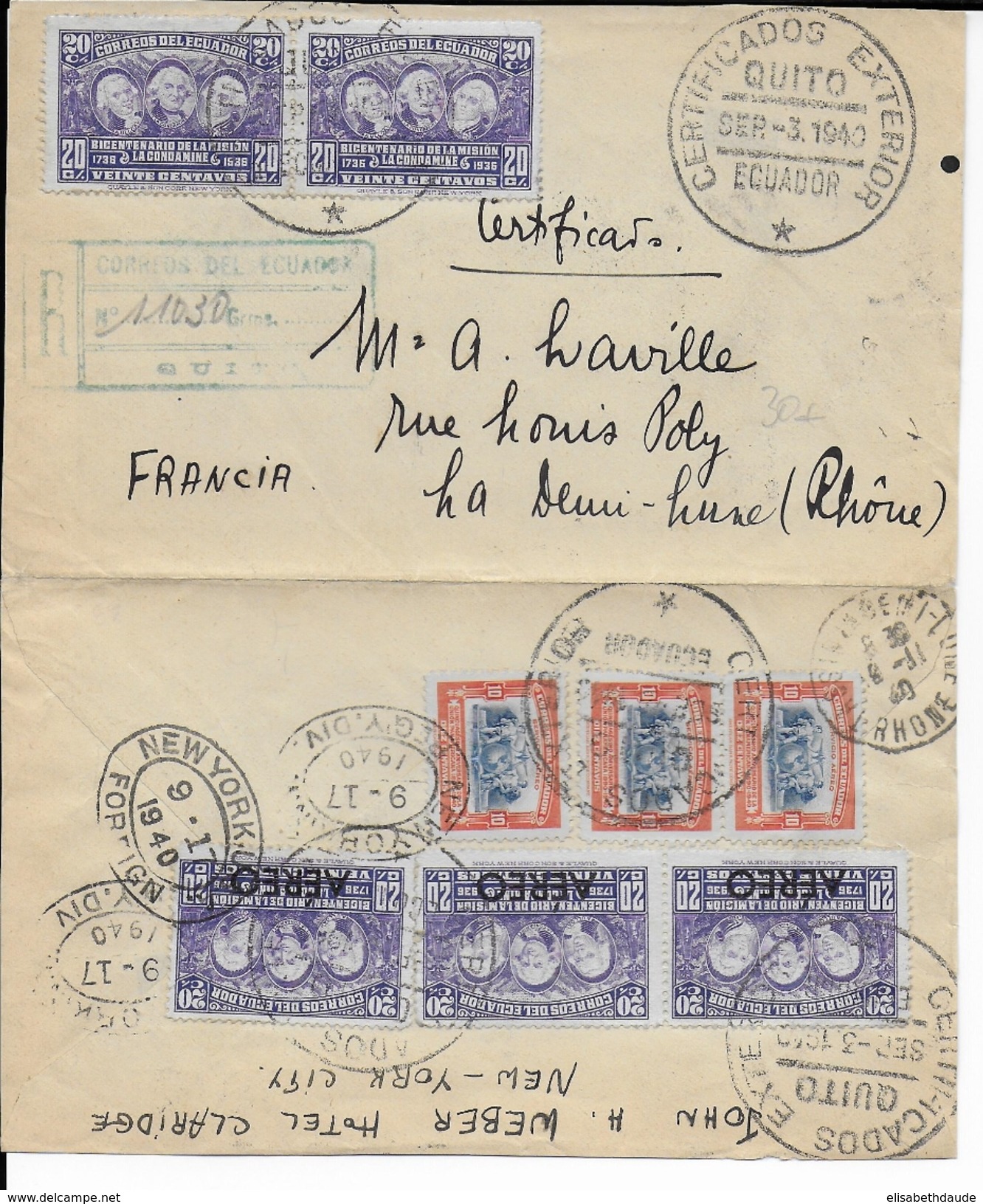 EQUATEUR - 1940 - ENVELOPPE Par AVION RECOMMANDEE De QUITO Pour DEMI LUNE - Equateur